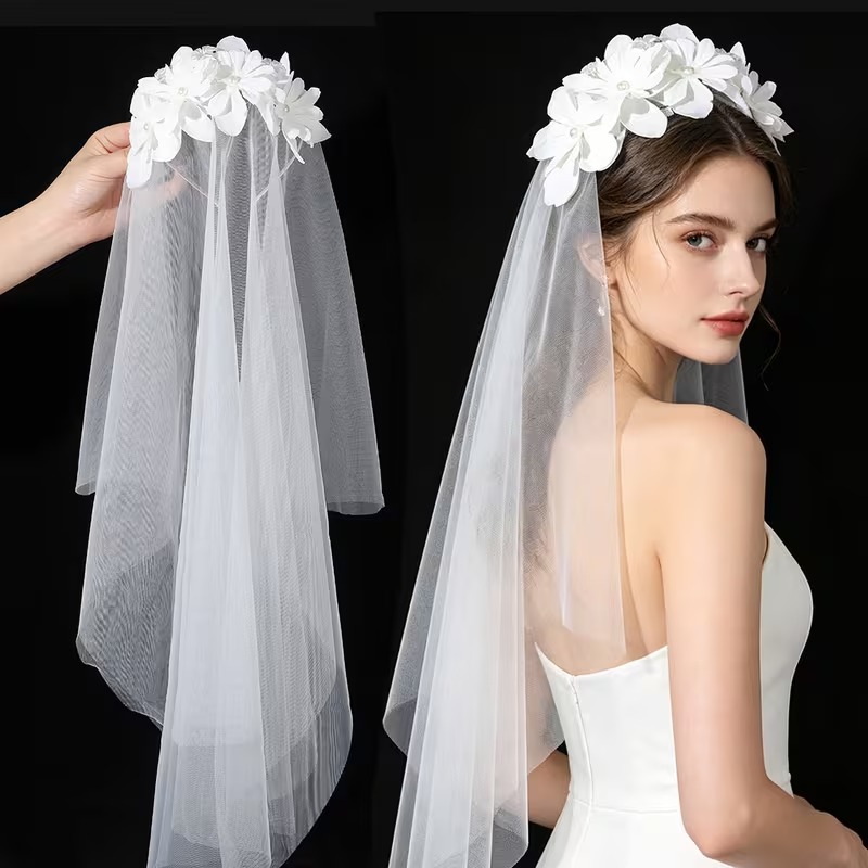 White Flower Bridal Veil Headband